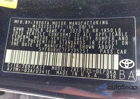 2015 Toyota Corolla L z USA, uszkodzony, nr VIN 5YFBURHE7FP205251